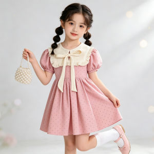 Cute Bow Collar Puff Dress Printed Design Flowers Polka Dots Red Casual OOTD Dress for 3-12Y Kids Girls