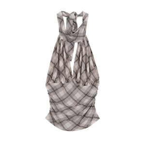 เสื้อครอป คอฮอลเตอร์ สายเดี่ยว เปิดหลัง ซับในที่อก ผ้าตาข่าย ลายสก็อต หลังสม็อคยางยืด จับจีบเอว สไตล์วินเทจเกาหลี สีน้ำตาล S-XL #2900