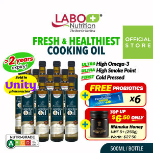 [12 Bottles] LABO Nutrition Camelina Oil 500ml Healthiest Cooking Oil Unrefined Virgin Cold Pressed Natural Chemical-Free High Heat Tolerance High Omega-3 • Product of Canada • Free FloraGenesis sachets • Add on Manuka Honey UMF 5+ 250g at $6.50