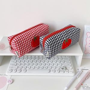 LFPLYQ Tomato Pen Bag Fruit Plaid Stationery Bag Cloth Checkered Storage Pencil Pouch Y2K Sweet Large Capacity Korean Style Pencil Case Stationery Holder