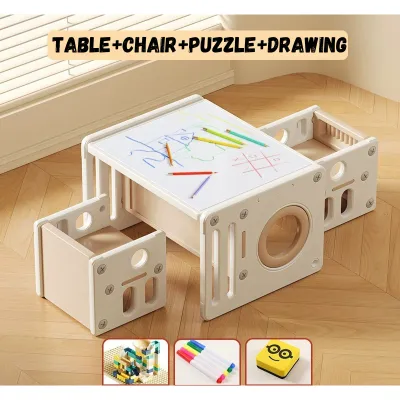 JOYEASE Grey Kids Study Table With 2 Chairs - Learning Playing Dining Drawing