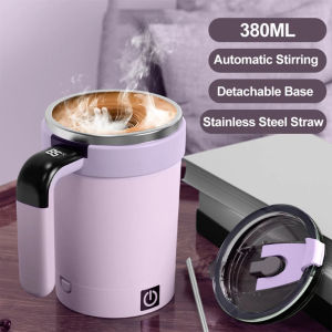 380ml Automatic Mixing Coffee Cup with Straw Detachable Base Smart Temperature Measurement USB Rechargeable Stainless Steel Magnetic Stirring Mug