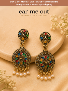 [SG] Vintage Mandala Pearl Drop Earrings | Multicolour Ethnic Statement Earrings | Antique Gold Bohemian Earrings | Heritage Festival Earrings | ear me out (EMO-51)