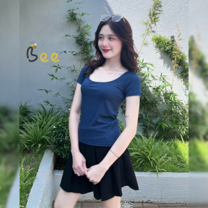Áo thun tăm nữ BEE cổ vuông dáng ôm tay ngắn màu xanh navy và be công sở