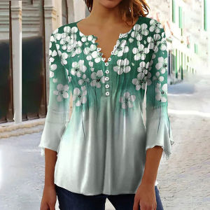 [Local Stock] VCC Women Graphical Print Shirts Spring Summer 3/4 Sleeve V Neck Buttons Blouse Ladies Long Sleeve Tops For Daily Tunic Vintage Tees