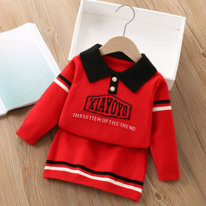 ชุดเสื้อสเวตเตอร์ลายหมีสำหรับเด็กเสื้อกันหนาวสไตล์โรงเรียนเด็กผู้หญิงเสื้อสวมหัวคอปกแบบถัก + กระโปรงกีฬา2ชิ้นแฟชั่นแขนยาวชุดถักลายทางสีแดงสำหรับเทศกาลคริสต์มาส