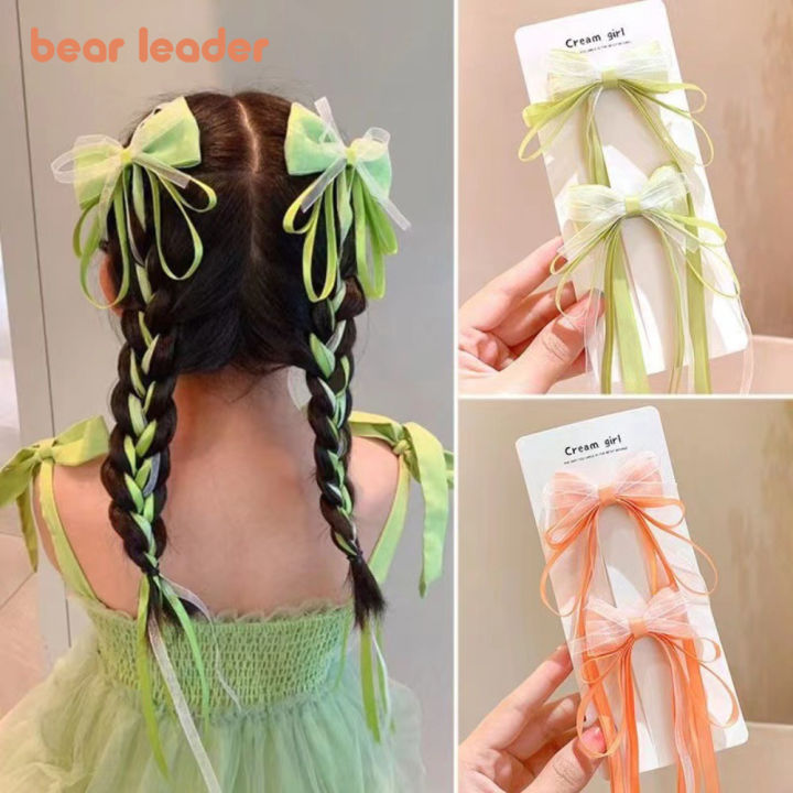 Gấu Lãnh Đạo 2pcs trẻ em Bow kẹp tóc cho cô gái tua dài Ribbon kẹp tóc ...