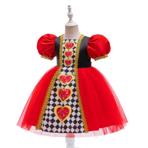 Girls Red Queen Dress Up Costume Alice Wonderland Fairy Dress Red Patchwork Plaid Fluffy Gown Halloween Party Elegant Outfits