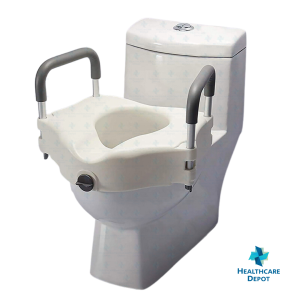 Raised Toilet Seat for Elderly with Handle Universal Toilet Heightening Pad. White with gray handles. Fits standard toilet. Healthcare Depot.