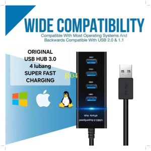R04 ORIGINAL HIGH SPEED DATA 4 PORT USB 3.0 HUB KOMPUTER PC LUBANG SOCKET SOKET CHARGER HP MOTOR