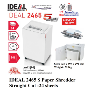 IDEAL 2465 S 4mm Heavy Duty Paper Shredder Straight Cut -24 sheets (50 Liters) (30 mins non stop Strip Cut Mesin Penghancur Kertas Heavy Duty Shredder Mesin Perincih