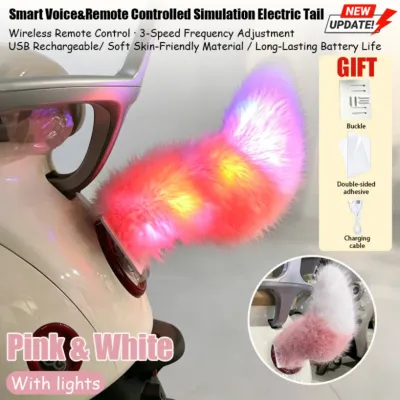 Sound Activated Moving Tail with Remote Control & Colorful Lights Rechargeable Self-adhesive Fluffy Plush Wagging Tail for Car Motorcycle Ornament