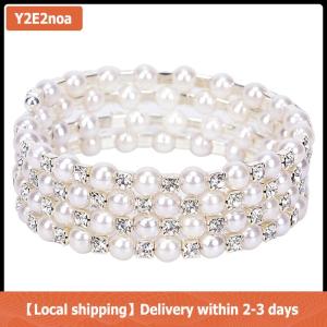 【Local shipping】 Crystal Pearl Multilayer Wide Elastic Cuff Bracelet Bangle Wristband Jewelry