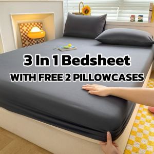 FSF Home 3 In 1 Bedsheet No Lukot No Gusot Korean Plain Bedsheet Set(1 Fitted Sheet + 2 Pillowcases)Single/Double/Queen/King Size Bed Sheet Full Garterized#cd013