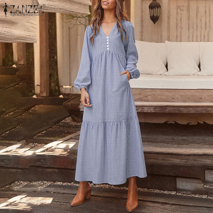 ZANZEA Women Holiday Fashion V-Neck Stripe Patchwork Dresses Full Sleeve  Half-Button Long Dress #0901 | Lazada Singapore