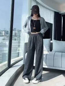 2025 New High-Waisted Draped Thin Autumn Old Money Style Wide-Leg Pants Loose Slimming Stylish Plaid Casual Pants for Women
