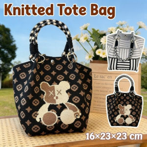 Knitted Tote Bag Bear Pattern Shoulder Handbag Korean Style Casual Soft Daily Carry