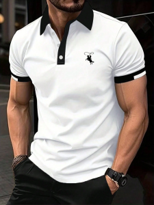 2024 Summer Solid Color Print Polo for Men Formal Attire Fashion Button Polo Shirt Short Sleeve Mens Clothing