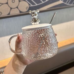 Ins Wind High Appearance Level Mug with Lid Spoon Glass Water Cup Girls Office Coffee Cup Household Flower Tea Cup cup glass