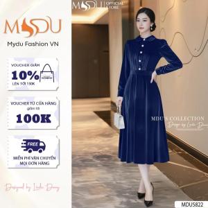 Váy Thiết Kế MDU5822 Chất Nhung Cao Cấp Gam Xanh Navy Cổ Sơ Mi Phối Cúc Ngọc Trai Sang Trọng Từ MDU