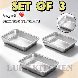 3PCS 304 Stainless Steel Box Food Container with Cover Kitchen Storage Box Fresh Refrigerator Trays