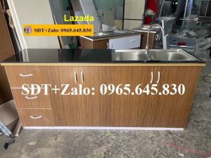 Tủ Bếp Nhựa Đài Loan Cao 81cm Ngang 2m05 Sâu 42cm (Mặt Bếp 45cm) Bồn Đôi Màu Óc Chó Mặt Gạch Đen TB010