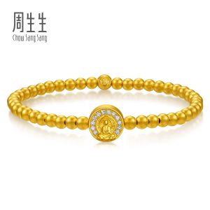 Chow Sang Sang 周生生 999 Gold Cultural Blessings Diamond Lotus Motifs Bracelet for Women 14.5cm 94553B