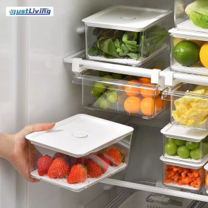 JustLiving Airtight Food Storage Container with Drain Board Household Fridge Fresh-keeping Organizer with Ventilation Holes Fruits and Vegetables Refrigerated Storage Boxes Kitchen Plastic Freezer Storage Box Drain Freshness Box