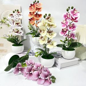 TEN 7 Heads Artificial Orchid Potted Flower with White Pot Pink Simulated Flower Butterfly Orchid Potted  Plastic Artificial Faux Plants Home Decor