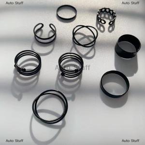 [COD] Auto Stuff ชุดวงแหวนสีดำแนววินเทจสำหรับผู้หญิงจำนวน3 6ชิ้นทรงเรขาคณิตเมทัลลิกพังค์แบบเรียบง่าย