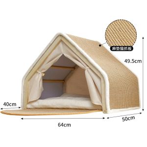 2 In 1Cat Houses Large Cat Bed Cave with Natural Sisal Cat Scratcher Mat Solid Wood Cat Tent with Curtains