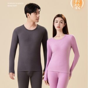 2025 New Horizontal Stripes Colorful AB Surface Mens and Womens Soft Hemming Collar Autumn Clothes Autumn Pants Thermal Underwear Set