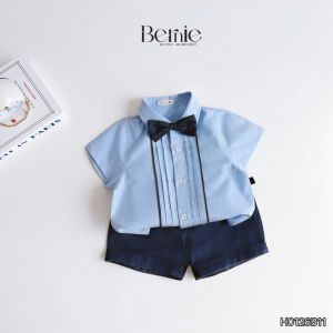 Set sơ mi bé trai công tử Blue Bow kèm nơ mặc thôi nôi sinh nhật sự kiện 1 đến 7tuổi BERNIE H0126B11
