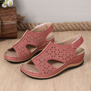 Free Shipping Summer Hollow Beach Sandals For Women 2026 New Plus Size Open-Toe Velcro Wedge Heel Sandals