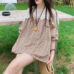 LSSHOW Sweet Lace Trimmed Loose Doll Shirt Summer Floral Short Sleeve Blouse
