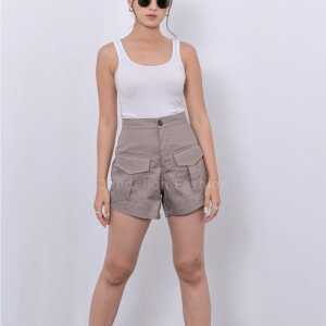 Celana Pendek Wanita Hot Pants Cargo Hotpants Haighwaist Korean Style Kekinian Bahan Adem American USA Drill - Dandelion