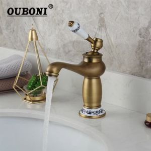 LDIES Antique Brass Bathroom Basin Faucet Retro Style Vanity Sink Mixer Tap Deck Mounted Hot & Cold Water Mixer Tap Faucet M2Y9T