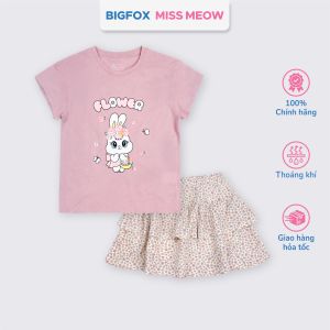 Set bộ cotton bé gái Bigfox Miss Meow size đại cộc tay mix chân váy hè cỡ 36911 tuổi 30kg 40kg