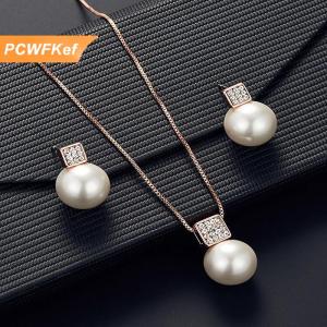 【PCWFKef】 3Pcs Thời Trang Thanh Lịch Giả Ngọc Trai Thạch Hình Học Vòng Cổ Bông Tai Cho Phụ Nữ Cô Dâu Wedding Party Trang Sức Set Quà Tặng