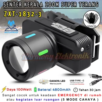 Senter Kepala Ultra Zoom 3 Warna Cahaya Zxt-1832-3 | Senter Kepala Sensor Tangan Model Teleskop 100 Watt / 4800mah Baterai Tahan HINGGA 30 Jam Lampu Depan Laser Zoom Teleskopik Led Putih | Dapat Digunakan Di Dalam Ruangan/Diluar Ruangan