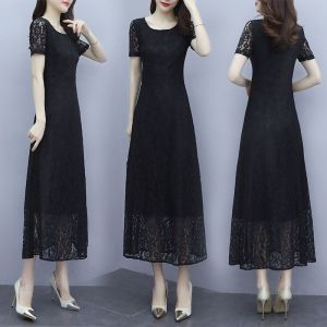 Fashion Ladies Long Dress Elegant New Korean Style Noble Female Short-sleeved A-line Party Banquet Lace Dresses