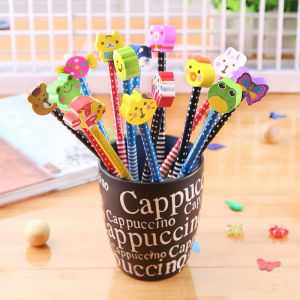 Pencil with erase cartoon design eraser-10pcs set graphite school supplies. cute eraser cartoon