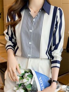เสื้อเชิ้ตผู้หญิงพิมพ์ลายเสื้อเชิ้ตแขนยาวคอปกผ้าชีฟองเนื้อผ้าดีทรงหลวม ใส่สบาย ไม่ร้อน ลายทาง ชุดใส่ทำงาน ชุดใส่ไปเที่ยว เรียบๆ มุสลิม