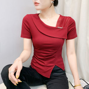 YIMEI 2025 Summer New Design: Mesh Mesh Splicing Air V-neck Korean Edition Short Sleeve Irregular Split T-shirt Waist up Small Shirt for Women