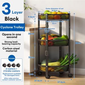 LOADNIX Foldable Kitchen Trolley Storage Rack No Installation Moveable Vegetable Rack Large Steel Rotating Kitchen Trolley Spice Shelf