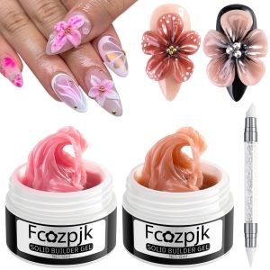 Bộ Gel Tạo Hình 3D Fcozpjk Solid Builder Gel cho Móng Tay 4 Màu    Gel tạo hình trong suốt không gây dính màu hồng nude trắng ngà có thêm bột màu vàng bạc và màu chrome dùng để tạo hình hoa 3D và làm dài móng.
