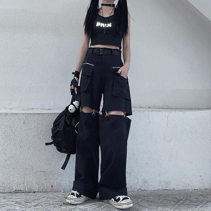 Black Cargo Pants Women Punk Oversize Hollow Out Wide Leg Pocket Trousers  for Female Goth Hip Hop