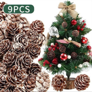 9Pcs Christmas Natural Pine Cones for Xmas Tree Decorations Snow Style with Rope for Home Decor Gift