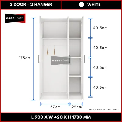 [178CM] EsseHome 3 Door Wardrobe Cabinet Cupboard Storage Almari Baju