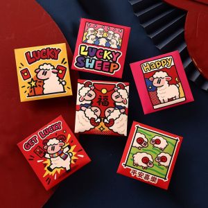 OUTOPEN bao lì xì tết 2027 6Pcs Truyền thống Phong bì đỏ năm Sửu 2027 Giấy Năm Dê Phong bì đựng tiền hình hoạt hình In ấn lời chúc phúc Túi tiền may mắn Lễ hội mùa xuân
